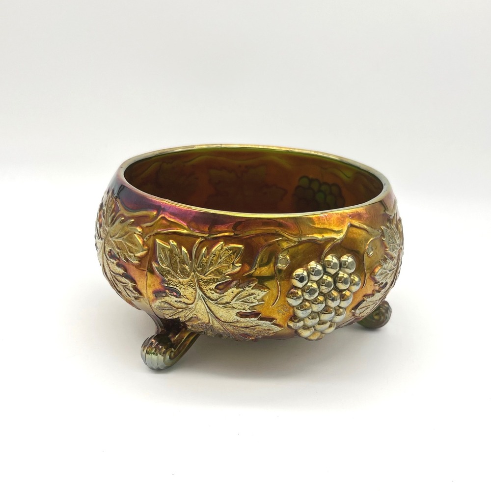 Vintage Fenton Carnival‎ Glass Footed Bowl Grape Leaf Design Iridescent